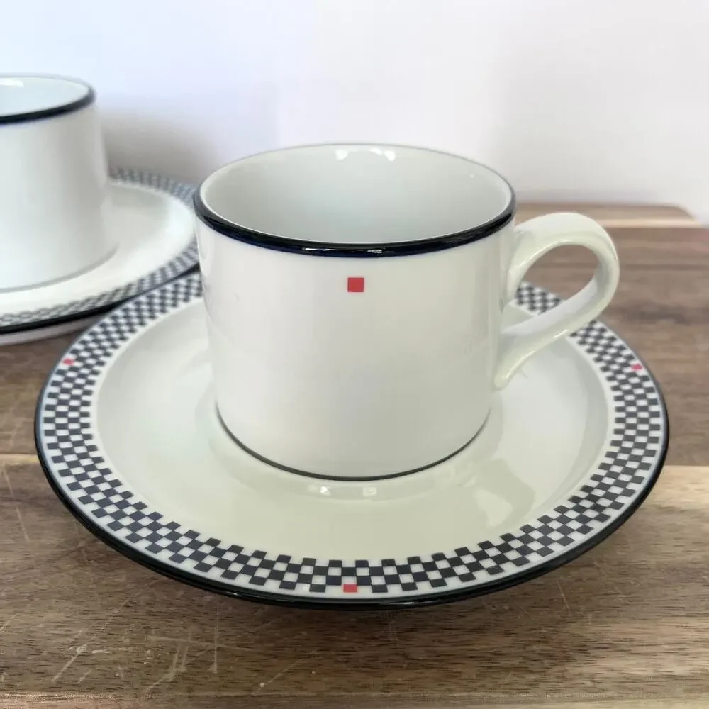 Set of 2 Vintage 90s Dansk Solvang Bistro Cups & Saucers Blue White Red Checks